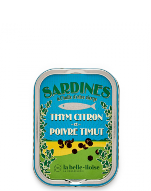 SARDINAS EN ACEITE DE OLIVA, TOMILLO LIMONERO Y PIMIENTA DE TIMUT